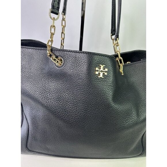 TORY BURCH Carter Black Pebbled Leather Large Tote w/ gold chain - Picture 2 of 12